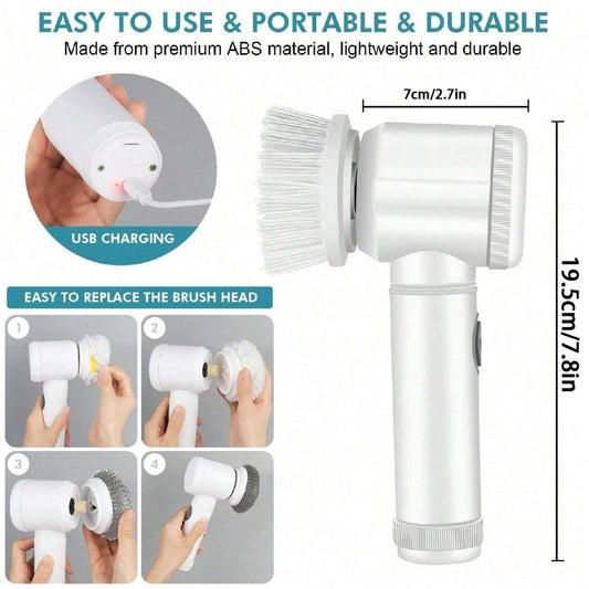 Electric Cleaning Brush - Electric Scrubber - Rechargeable and Cordless Scrubber - Scrubber with Handle - Mini - Polishing Machine - Scrubber Brush - For Bathroom, Kitchen, Dishes, Sink - 7 Attachments - Includes Wall Holder