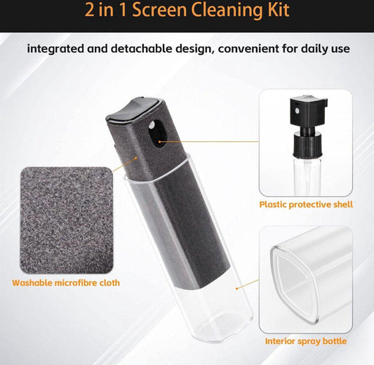 Screen Cleaner - Refillable - 2 In 1 Screen Cleaner - Monitor Cleaner - Screen Spray - Cleaning Spray - Cleaning Spray - Microfiber Cloth - Cleaner for Smartphone, Tablet, and Laptop Screens - Travel Kit - Cleaning Kit - Gray.