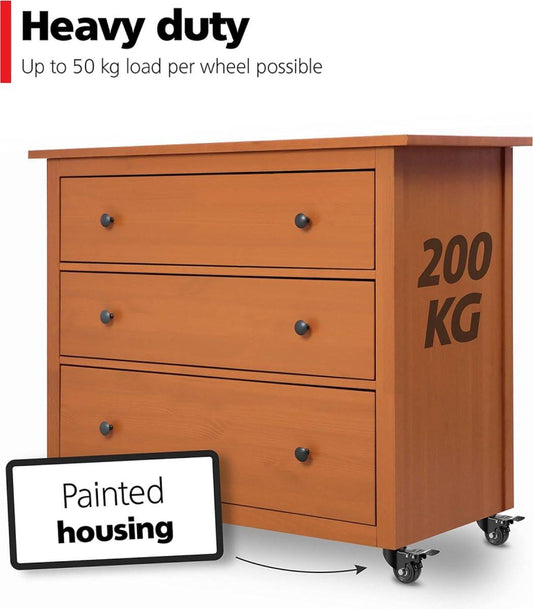 Heavy-Duty Swivel Casters with Brakes - Set of 4 - 50 mm up to 200 kg - With Screws - Swivel Casters - Rubber Trolley Wheels - Cart Wheels - Transport Cart - Casters for Furniture - Flexible - Durable - Black.