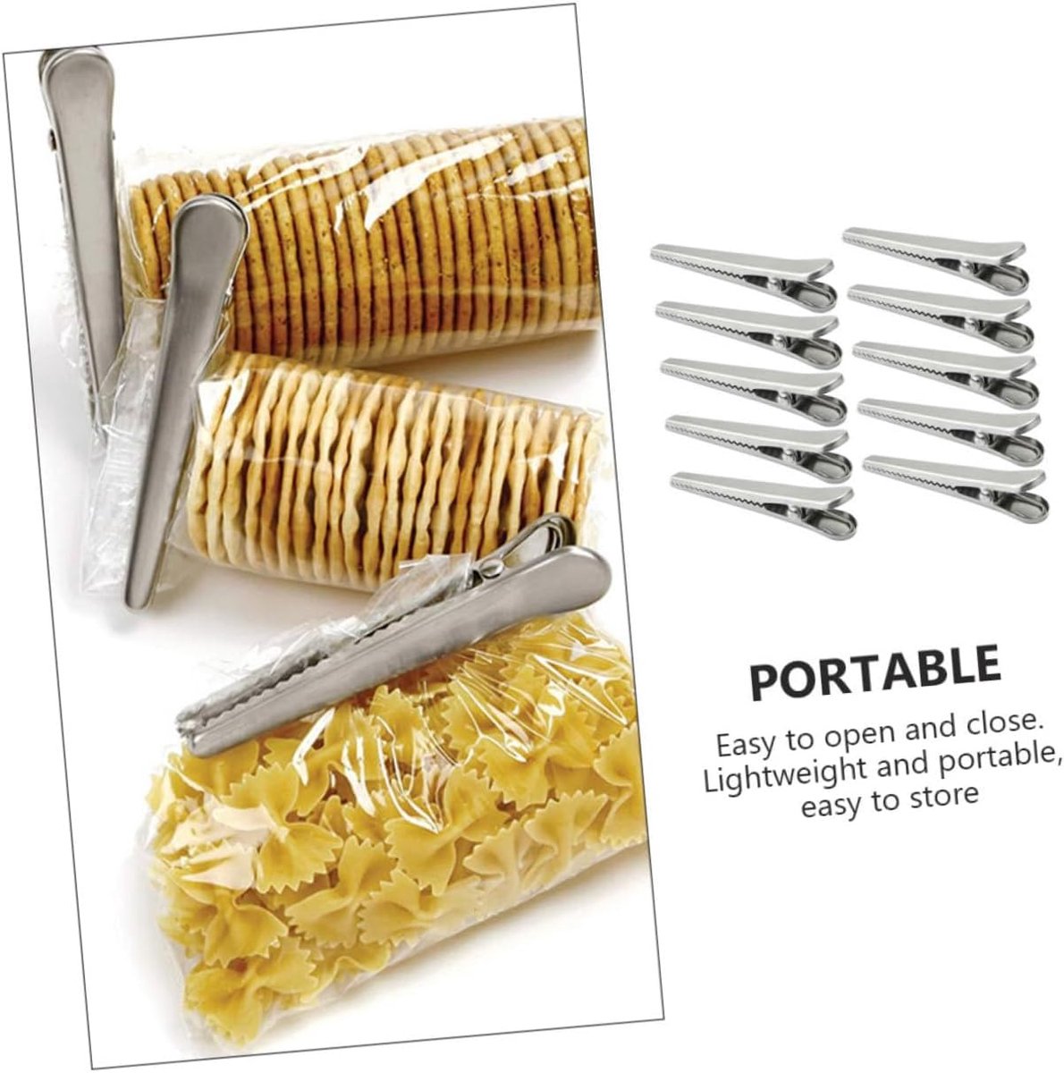 10 pieces - sealing clips - High clamping force closure clips - Freshness clips - Bag clips - Alligator clips - Easy to use - Multifunctional - for kitchen and home - for Candy & Snack Packaging - stainless steel - silver - 11.5cm