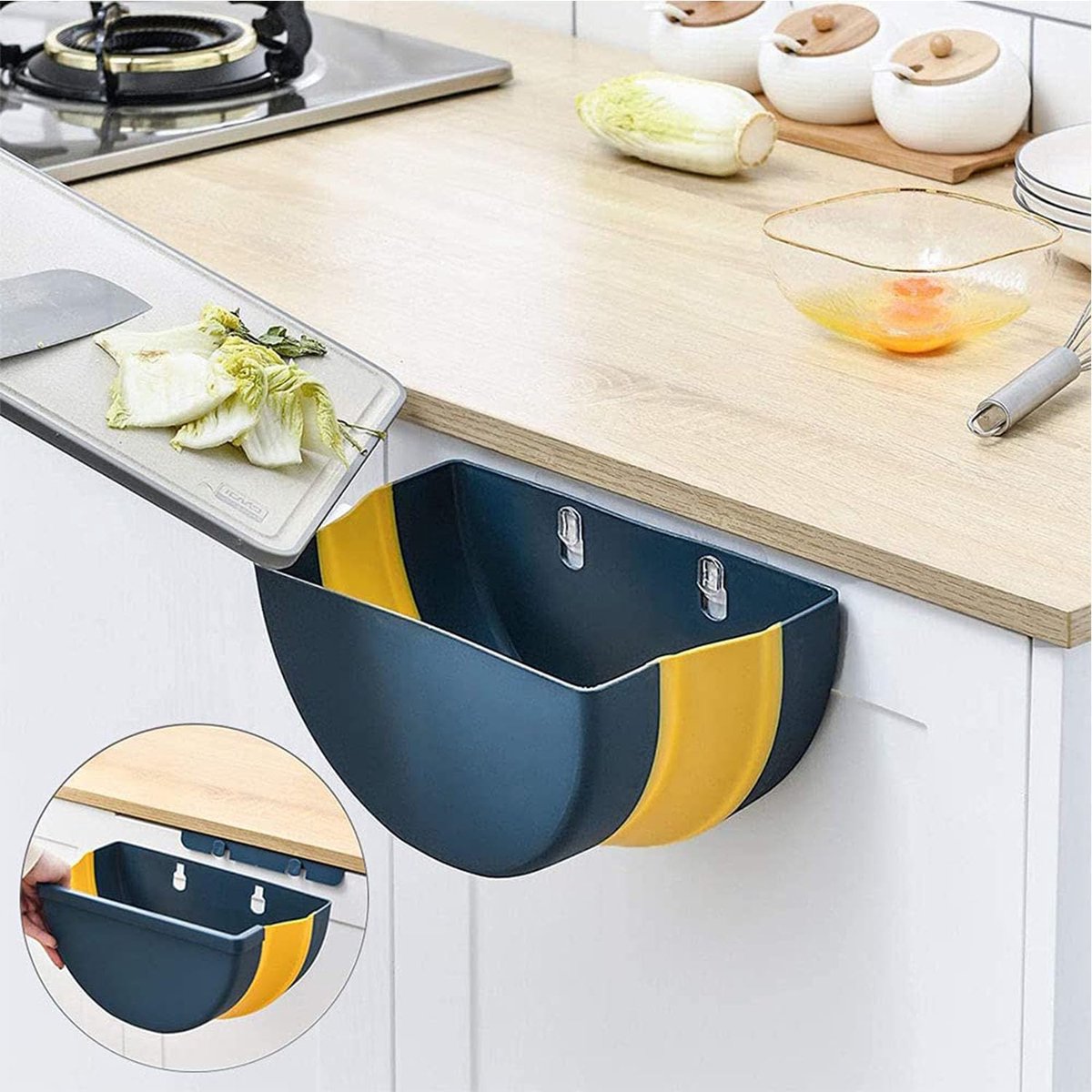 Trash Can - Foldable Trash Can - Kitchen Waste Bin - Trash Can In The Kitchen - Hanging Kitchen Cabinet Door - Car - Cabinet Door - Camping - Office - Bedroom - Organizer - Easy To Hang - Handy - Wall Mountable - Plastic - Blue
