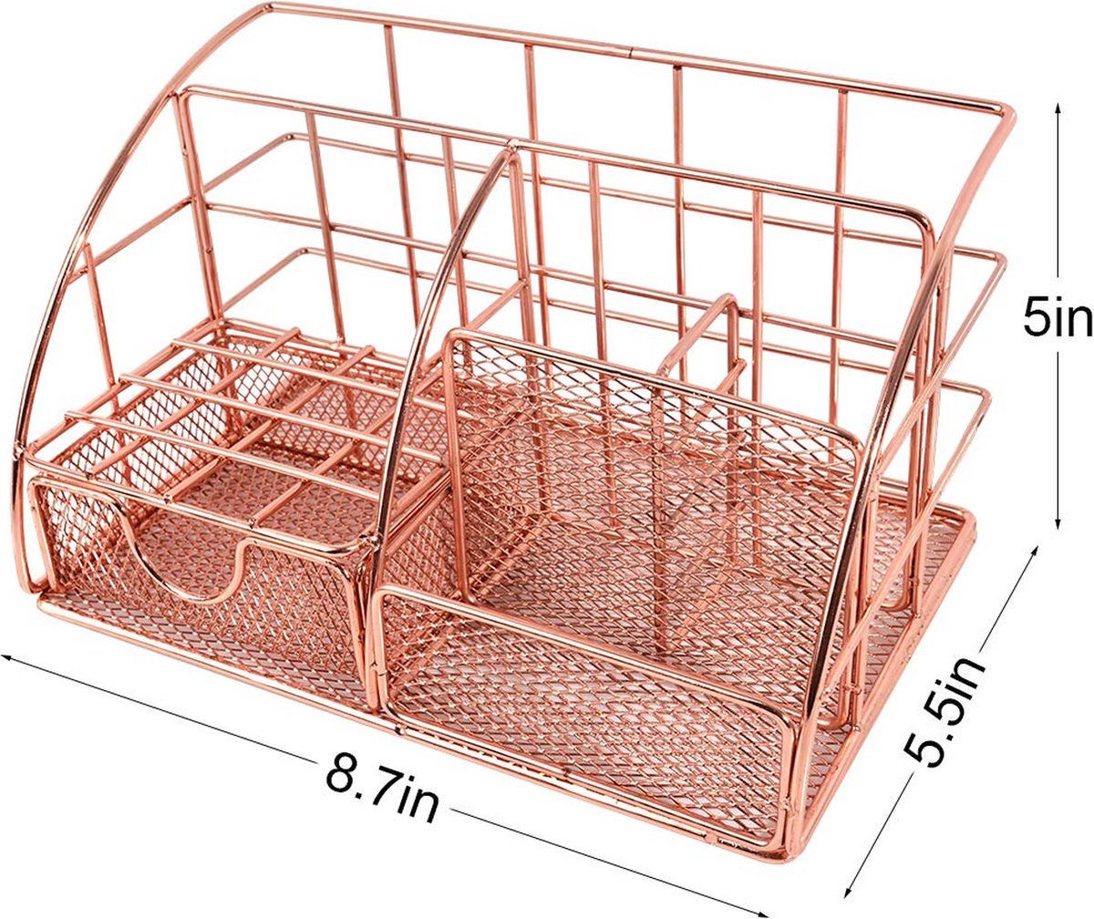 Pen Tray - 5 Compartments and Drawer - Desk Organizer - Rose Gold - Pen Holder - Desk Organizer - Durable - Non-Fading - Metal - Pen Trays - Mesh - Fashion - Multifunctional Storage System - Neatness & Classification - Save Space