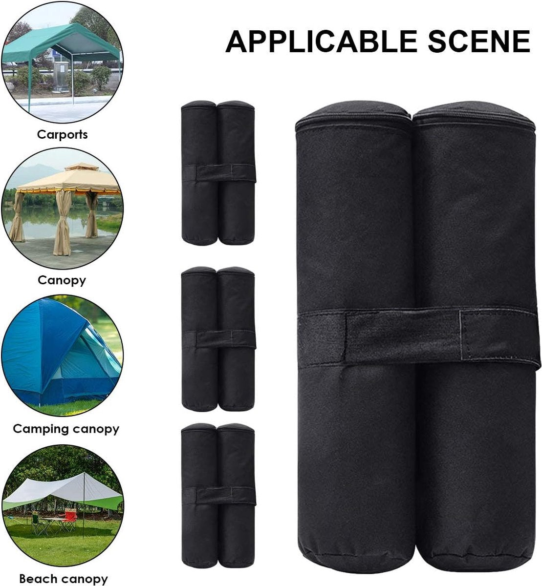 Sandbags - 4 Pieces - 30 x 42 Cm - Weight Bag - Sandbags for Protective Cover - Base Weights for Garden Tent, Party Tent, Pop-Up Tent, Parasol and Trampoline - Sandbags Fillable with Sand or Gravel - Includes Carrying Strap - Polyester 600D - Black