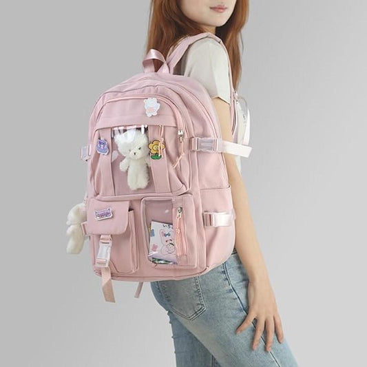 Waterproof backpack for girls - Girl's Backpack With Pin and Accessories - boys' backpack - women's backpack - Lightweight School Bag - School Student School Bag - Large Capacity Backpacks - Teenagers - High School Backpacks - Pink.