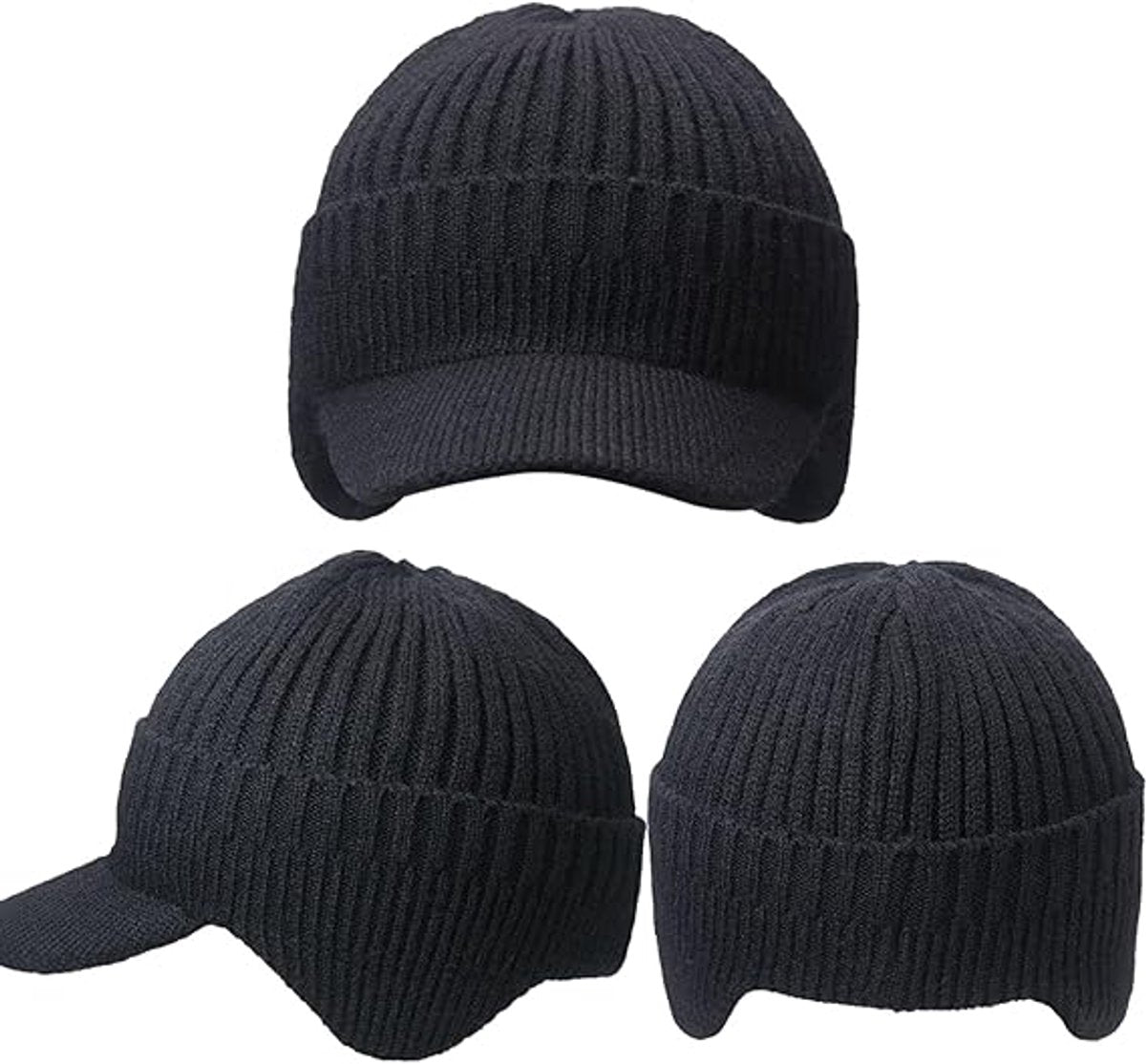 Hat - Knitted hat - Winter hat - Outdoor hat - Warm outdoor hat - with ear flaps and brim - warm knitted hat - windproof winter hat - warm ear protection - for men and women - for cycling, skiing and cold weather - black