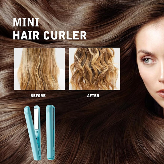 Mini 2-in-1 Curling Iron & Straightener - Dual Function - Portable Travel Curler - Small Hair Straightener - New Mini Curler - USB Interface, Plug-and-Play - Travel Curler and Straightener for All Hair Types - Travel Size - Blue