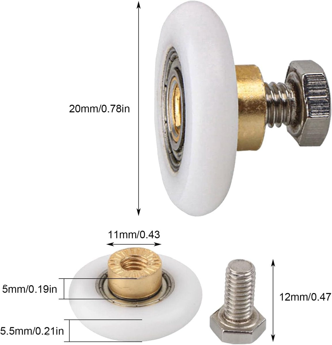 pieces - shower door rollers - 20 mm - sliding door wheels for showers - replacement roller guide wheels - for home, bathroom, DIY - replacement parts for glass holes - for shower doors, sliding door wheels and gliders - white