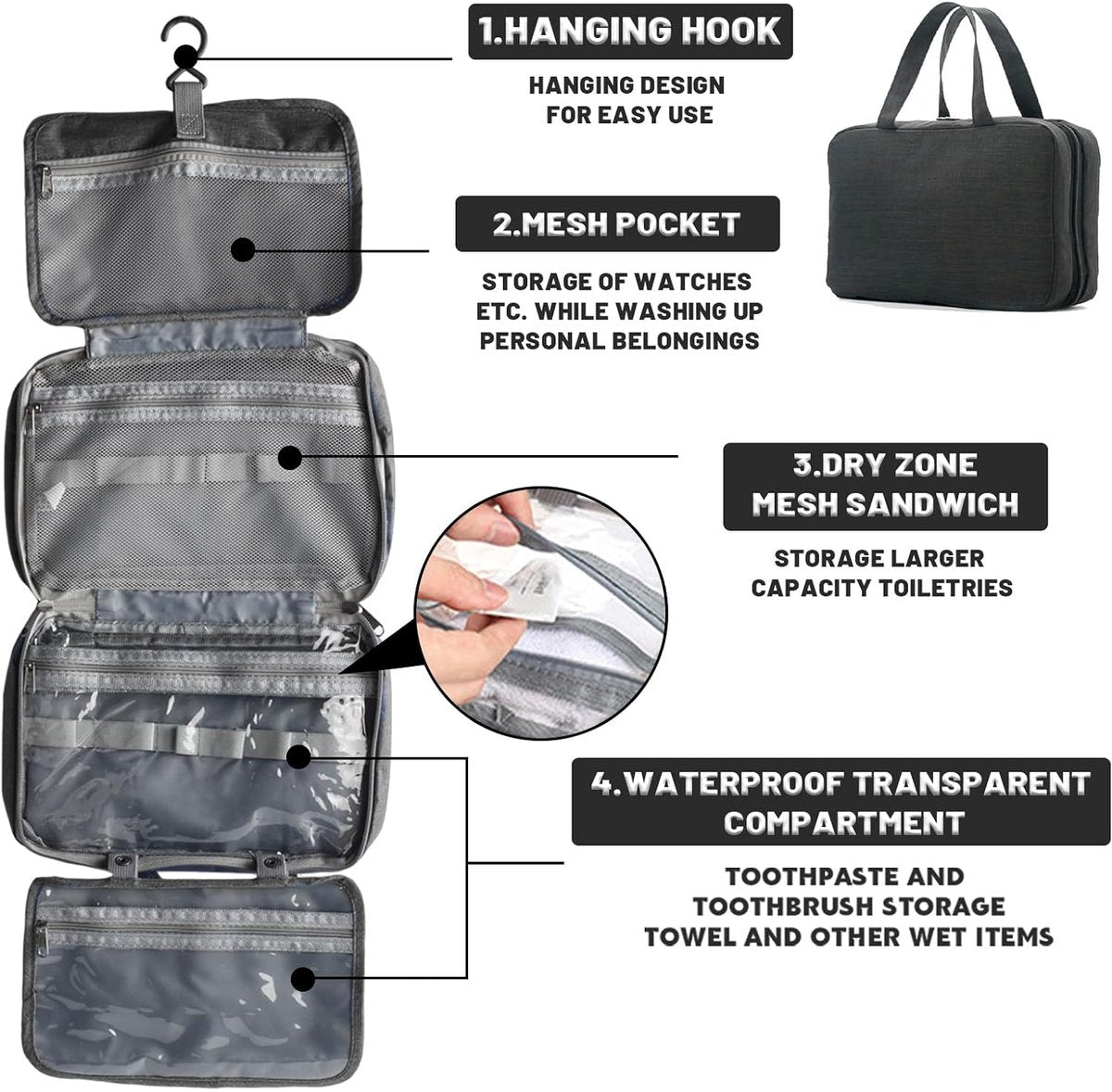 Toiletry bag - Portable hanging toiletry bag - foldable travel toiletry bag - large foldable travel bag - travel makeup bag - storage bag - with 4 compartments - waterproof toiletry bag - unisex - for vacation, shower, camping and travel - 27*18*8 cm - bl.