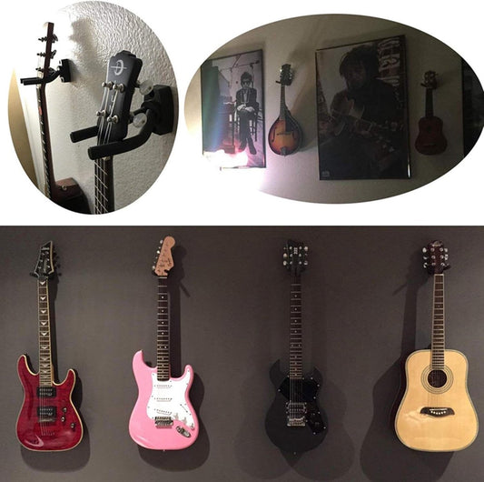 Guitar Wall Mount - 6 Pieces - Guitar Wall Holder - Guitar Stand - Guitar Hanger - Wall Bracket - Black Guitar Stand with Screws - Hook - Easy to Install - Adjustable - Suitable for All Sizes of Guitars, Bass, Mandolin, Banjo, Ukulele.