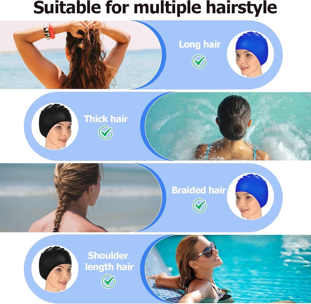 pieces - swimming cap - 23*20 cm - silicone swimming caps - hearing protection - waterproof swimming hat - keep dry for long and short hair - unisex swimming caps - for adults, children and juniors - black and blue.