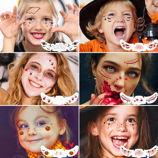 6 pieces - Temporary Face Tattoos - Halloween decoration - Glitter makeup stickers - Self-adhesive Tattoos for Adults - Festival Glitters - Face stickers - Halloween makeup