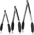 3-piece kitchen tongs set - 7/9/12 inch - Grill tongs - Grill accessories - With hanging loop - Cooking tongs - Heat resistant - Silicone non-stick coating - Stainless steel handles - Ideal for grilling food, salads, frying, and serving - Black