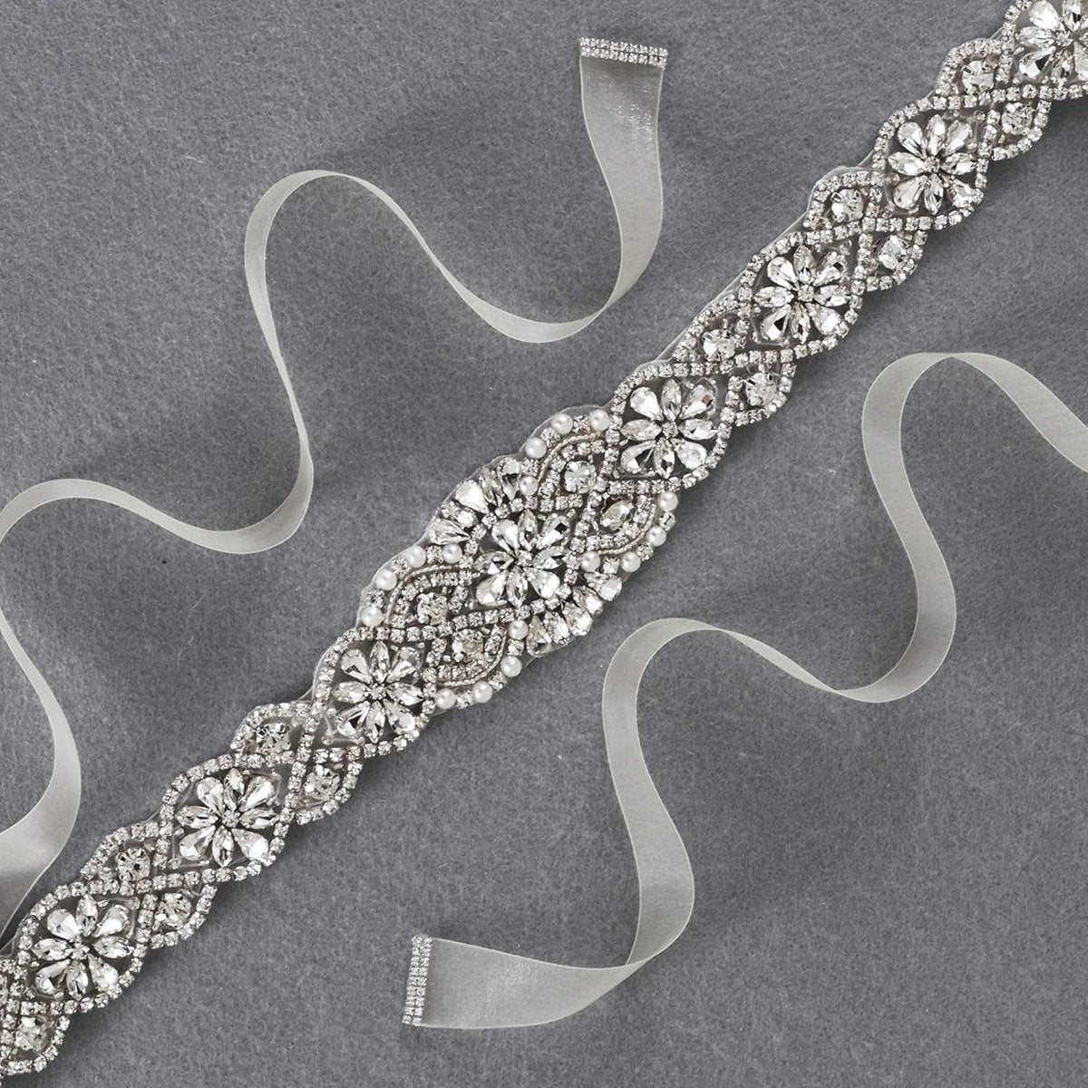 Bridal Belt Hand Rhinestone Wedding Belt Clear Crystal 55cm Long White Organza Ribbon for Wedding Dresses - Silver