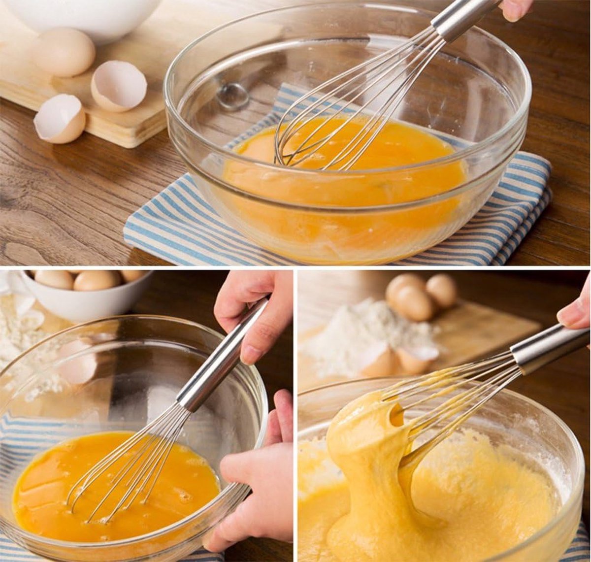 3 pieces - egg beater - Hand mixer - Manual egg beater - 8 inch + 10 inch + 12 inch - Cream mixer - for baking in the kitchen - silver - stainless steel