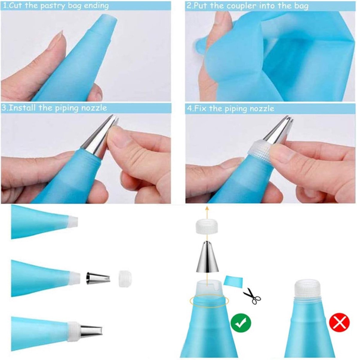 Silicone Piping Bags and Nozzles Set - With 6 Nozzles - Reusable Pastry Icing Bags - For Cupcakes, Cookies, Cream Cake Decorating - Blue