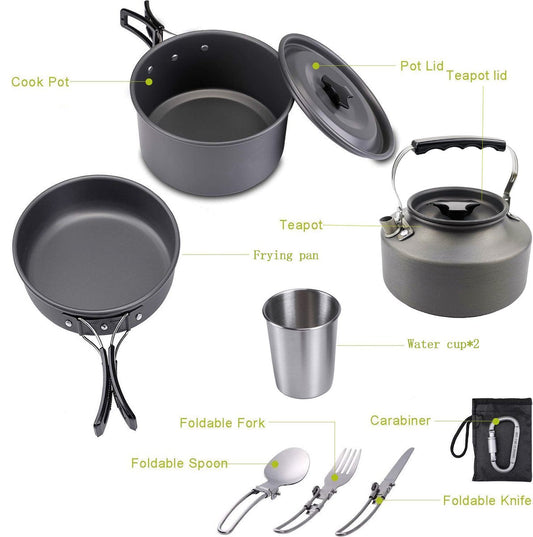 Cookware - 9-piece - for camping, outdoor, hiking, picnic, BBQ, foldable camping pans - safe and BPA - Suitable for 2-3 people camping pan set.