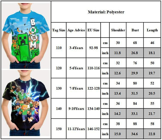 Minecraft T-shirt Boys Girls 120cm Cartoon Print Round Neck Short Sleeve Casual Summer Top.