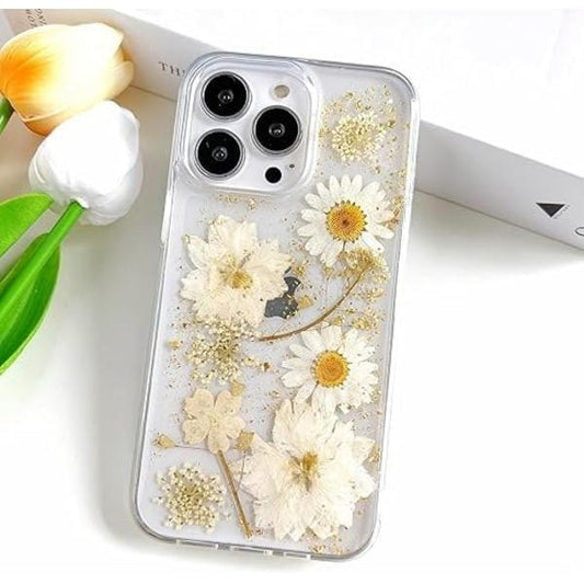 iPhone 16 Plus Case with Real Flowers Design, Transparent Glitter Floral TPU Slim Soft Protective Case for Women.