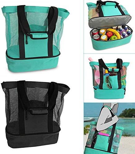 Mesh Beach Tote Bag with Detachable Insulated Beach Cooler Compartment Waterproof Sandproof Picnic Pool Bag, Black, Large.