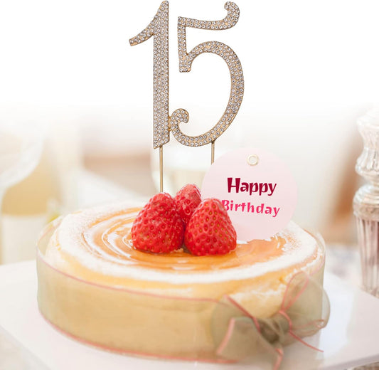15 Cake Topper Birthday Number 15 Crystal Rhinestones Cake Topper 15th Cake Decoration for Birthday Anniversary Party Decoration Supplies (Gold)