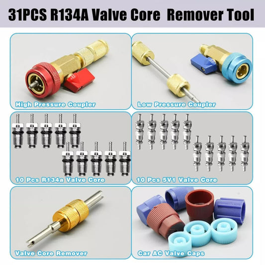 Professional Car AC Repair Kit with Quick Release for R134A Systems, Schrader Valve Core Removal Tool Compatible with High and Low Pressure.