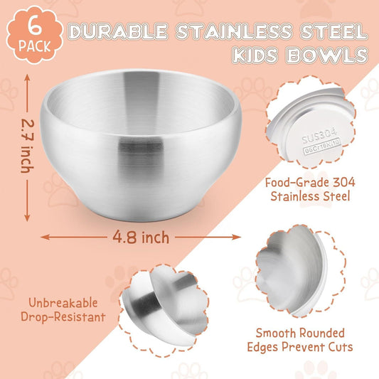 Stainless Steel Bowls for Kids-6 Pack, 12OZ Double Walled Baby Toddler Bowls for Baby Food/Cereal/Snack, 18/10 Non-Toxic Metal & Unbreakable, Dishwasher Safe.
