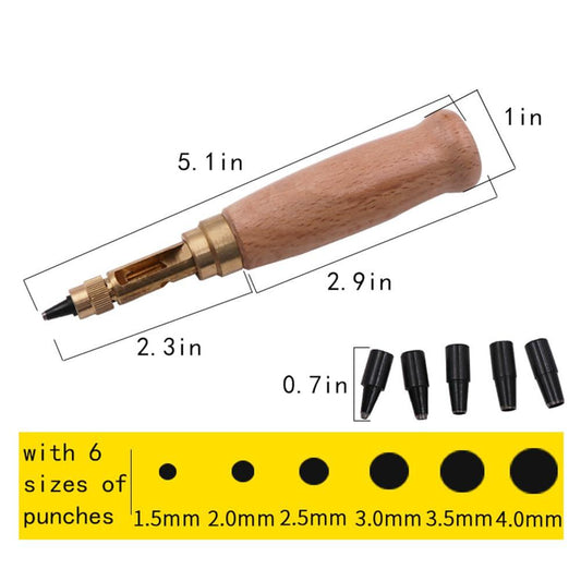 Adjustable Screw Hole Punch Automatic Hole Punch Tool with Wood Color Wooden Handle Bookbinding Tool Leather Hole Punch with 6 Tips Size 1.5mm/2mm/2.5mm/3mm/3.5mm/4mm.