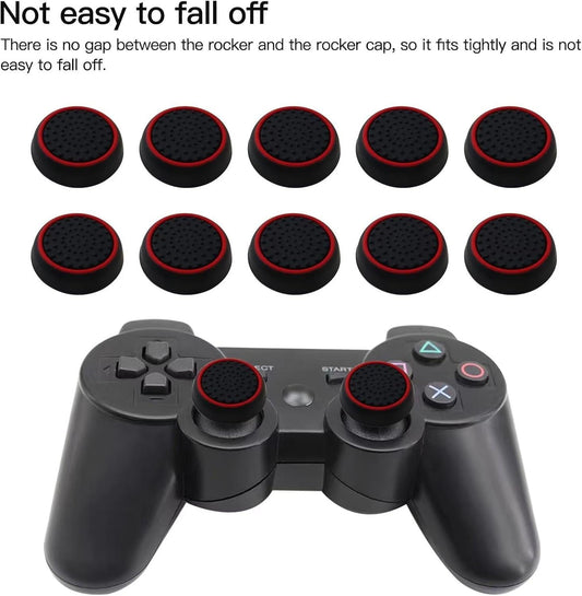 10Pcs Analog Controller Thumb Stick Grip Thumbstick Cap Cover for PS3/PS4/PS5 Controller - Black Background with Red Circle.