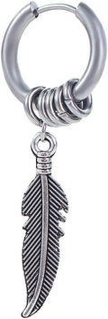 Stainless Steel Feather Design Hoop Earrings, Punk Rock Style Earrings Jewelry, Vintage Leaf Alloy Silver