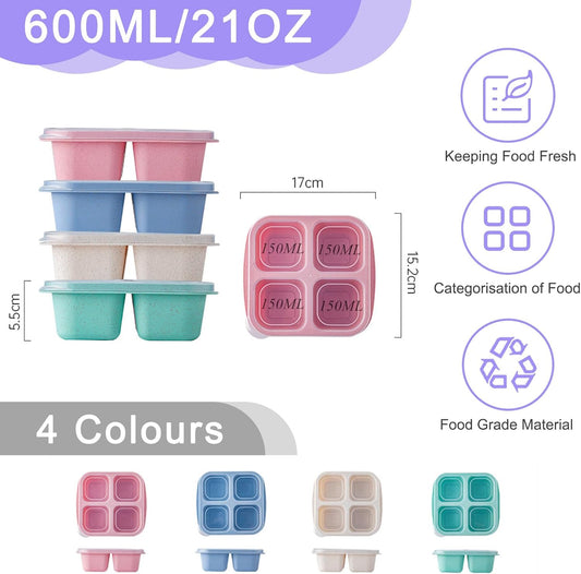 Snack Boxes with Compartments for Kids and Adults 4-Compartment Bento Lunch Boxes 4-Pack