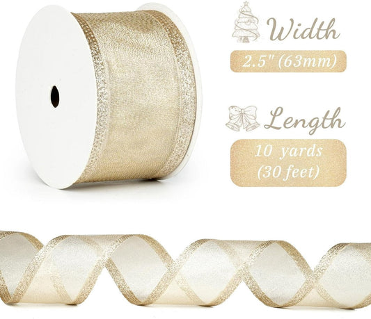 Champagne Christmas Ribbon - 2.5" Champagne Gold Metallic Ribbon with Glitter Stripes - Christmas Tree Ribbon, Garland Supplies - Ornaments - Wreaths - Party Decorations - 10 Yards