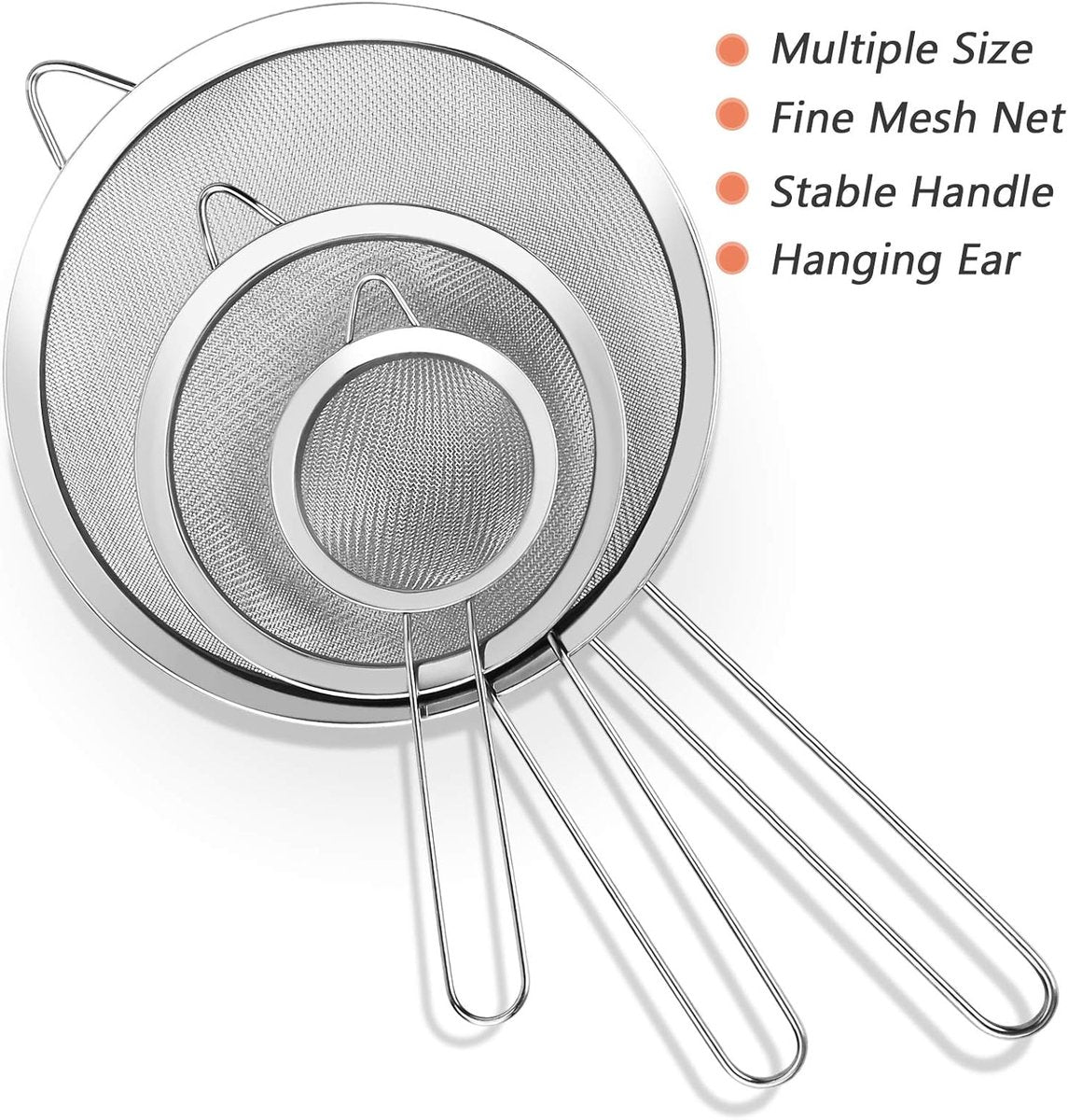Three-Piece Ultra Fine Metal Sieve Set - with Handles - Sizes Small, Medium & Large - Made of Stainless Steel - Suitable for Kitchen, Rice, Juice, Quinoa, Food, Flour & Baking.