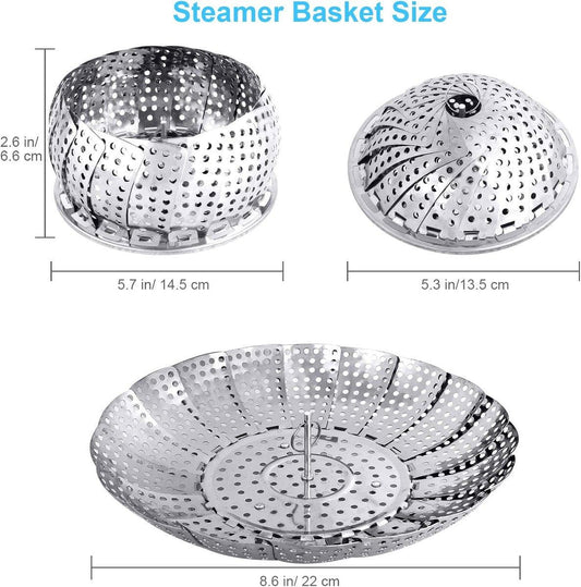Vegetable Steamer Basket - Collapsible Steamer Basket - Stainless Steel Foldable Steamer Basket - For Cooking Food - Expandable, Suitable for Pots of Different Sizes (13.5cm to 21.8cm)..