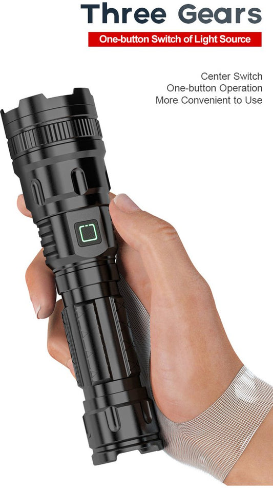 LED Flashlight - With Zoom Function & Waterproof - LED Flashlight - With Zoom Function & Waterproof - Battery-Powered Flashlight - USB Rechargeable - Long Battery Life - 3 Light Modes (Strong / Low / Flash)USB Rechargeable - Long Battery Life - 3 Light Mo.