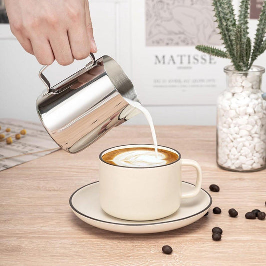Milk Frothing Cup - 350ml Milk Frothing Cup - Clear Markings - Cappuccino Espresso Machine Accessory Made of Stainless Steel 304 - Suitable for Barista Coffee Shops - With Latte Art Pen - Silver.