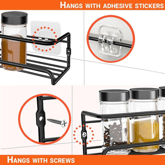 Four-Tier Metal Wall-Mounted Spice Rack - Suitable for Kitchens and Cabinet Interiors - Neatly Organizes Spice Jars and Spices (Black).