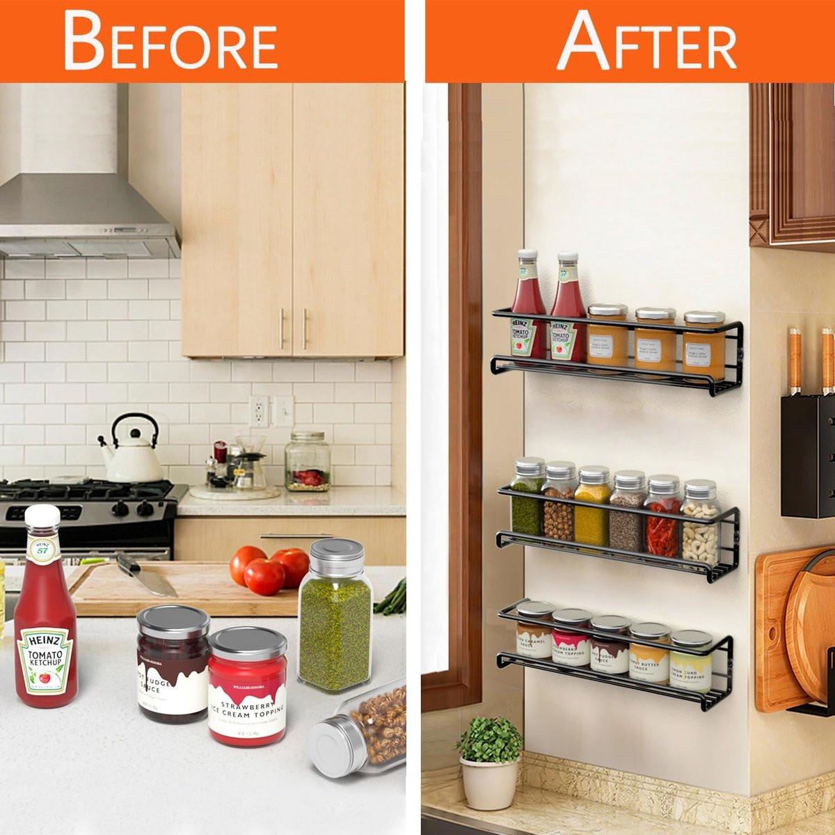 Four-Tier Metal Wall-Mounted Spice Rack - Suitable for Kitchens and Cabinet Interiors - Neatly Organizes Spice Jars and Spices (Black).