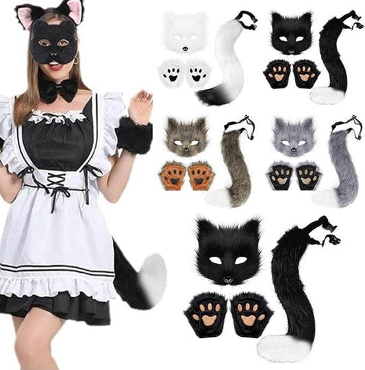 3-Piece Fox Costume Accessory Set – Fluffy Mask, Tail and Gloves – Suitable for Parties & Carnival (Brown)