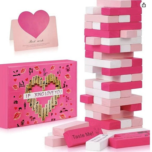 Block Tower Jenga Game - Jenga for Couples - Valentine's Day Tumbling Tower Jenga Game - Party Favor for an Adult Couples Night Out - Pink.