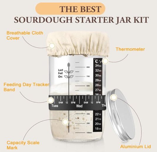 1000ml Sourdough Fermentation Jar in a Glass Jar | Includes stirring spoon, measuring cup, and fabric cover - for dough, bread baking, and sourdough fermentation