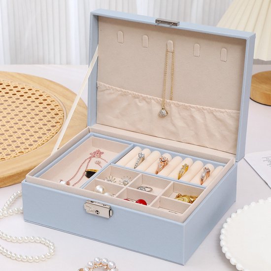 2-Tier Jewelry Box - With Removable Drawer & Lock - Large Storage Capacity for All Jewelry - Blue
