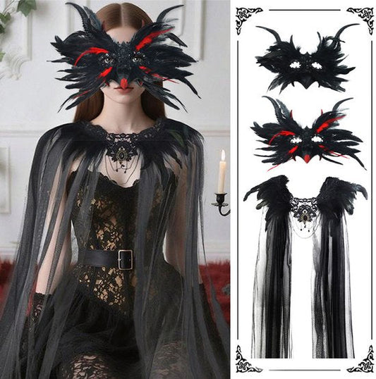 Mask - New for Halloween - Gothic - Mask with decorative feather lace - Devil's horn mask - Role-playing prop - Black