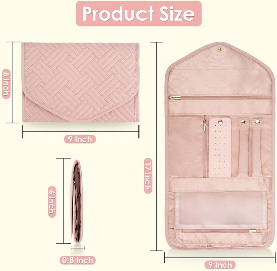 Storage Bag - Travel Jewelry Storage Bag - Tangle-Free - Foldable - Small Jewelry Roll - Luggage Accessory - For Necklaces, Earrings, Rings, Bracelets, Watches - Pink