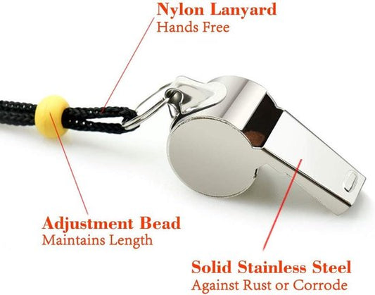 Whistle - 2-piece - Stainless steel sports whistle with lanyard - High volume whistle for survival and rescue - Suitable for coaches, referees and match officials.