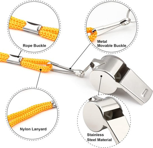 Whistles - Set of 6 - Emergency whistles - Stainless steel whistles - Metal whistles with lanyard - Coach whistles with lanyard - Sports whistles - Loud and clear whistles for referees - Emergencies in training halls.