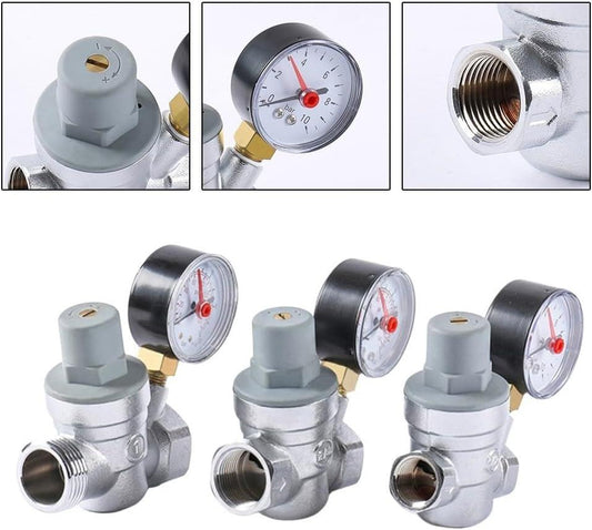 Adjustable pressure reducing valve with integrated pressure gauge for hot and cold water, brass pipe valve for home, commercial and industrial use (DN15).