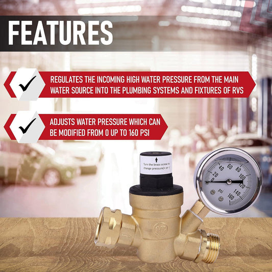 RV Water Pressure Regulator with Gauge Adjustable 3/4" Hose Valve - RV Water Pressure Regulator with Gauge - RV Camper Water Pressure Regulator, Trucks, Trailers - Trailer Water Pressure Gauge.