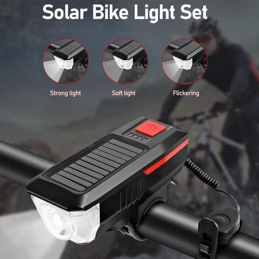 Bicycle Light - Rechargeable Solar Bike Light with 120dB Horn and 1500mAh Battery - USB and Solar Powered Rechargeable, 3 Lighting Modes and 4 Flashing Modes - Waterproof and Durable Bicycle Light for Front and Rear Light.