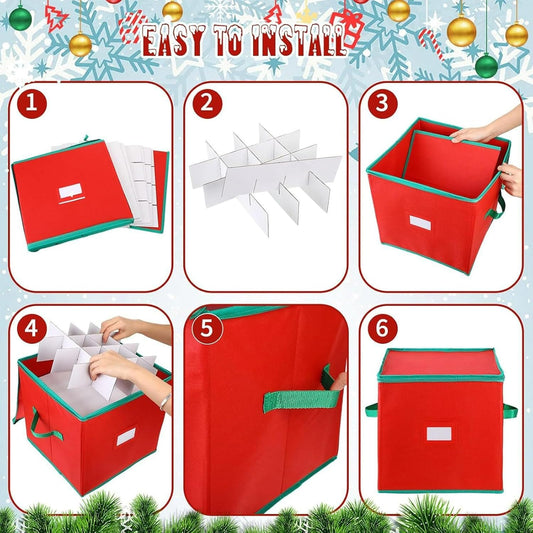 Christmas Bauble Storage Box - Christmas Bauble Box with 64 Compartments - Christmas Decoration Organizer with Adjustable Dividers - 30x30x30cm - 600D Oxford Cover with Zipper - Storage Box for Baubles and Decorations - Red