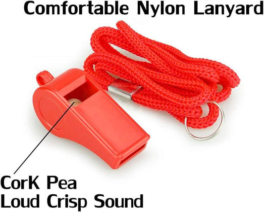 Emergency Whistles with Lanyard - Set of 12 - Loud & Clear Sound - Safety Whistles for Sports & Self-Defense - Red.
